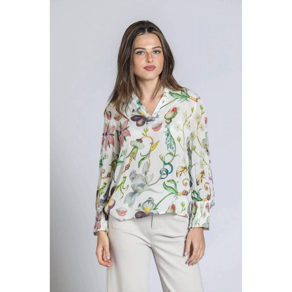 NEW APNY split neck with smock cuff top in natural/multi